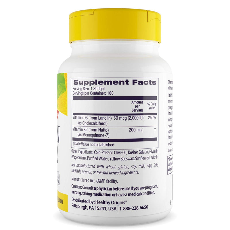 [Australia] - Healthy Origins Vitamin D3 & K2, 50 Mcg (2, 000 IU)/K2 200 Mcg, Softgels, 180 Count (Pack of 1) 180 Count (Pack of 1) 