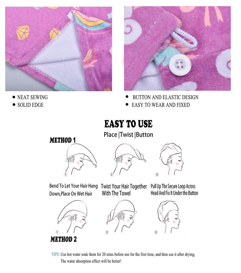 [Australia] - ELLEWIN Microfiber Hair Drying Towels for Kids, 3 Pack Unicorn Wet Hair Towel Wrap Turban for Girls Children Women, Quick Dry Twisty Hair Towels Wrap for Curly Long Thick Hair Anti Frizz Purple/White/Blue 