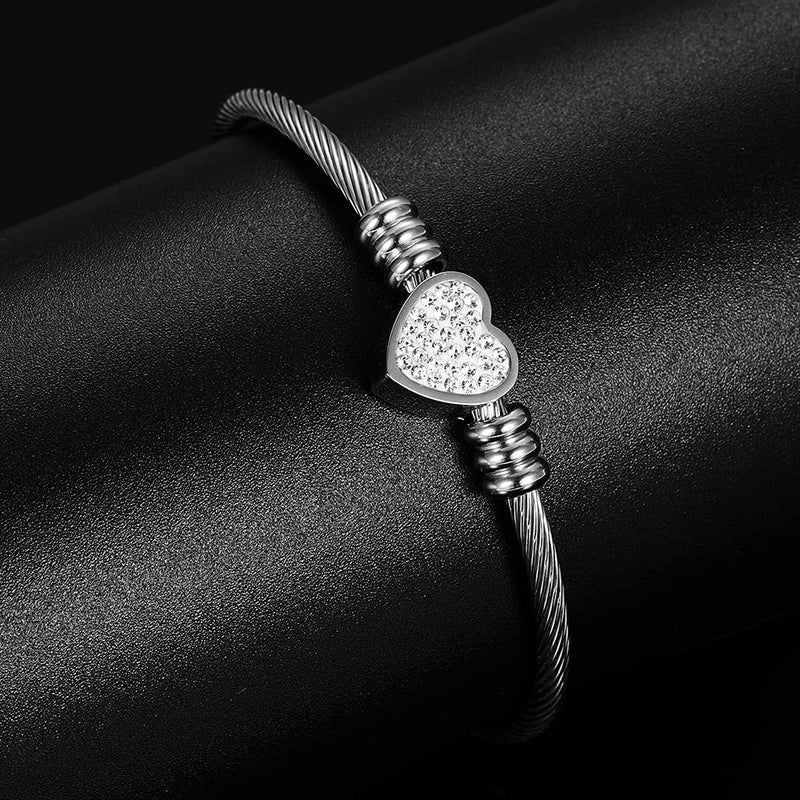 [Australia] - Homelavie Bangles Bracelets for Women Stainless Steel Crystal Heart Cable Twisted Bangle Cuff Bangle Fashion Jewelry for Girls Men Boys White 