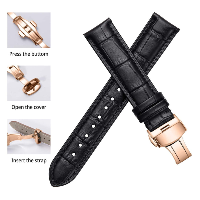 [Australia] - iStrap Leather Watch Band -Alligator Grain Embossed Pattern Calfskin Replacement Strap-Stainless Steel Deployment Buckle with Push Buttons-Bracelet for Men Women-18mm 19mm 20mm 21mm 22mm 24mm 18mm Black-Rose Gold 