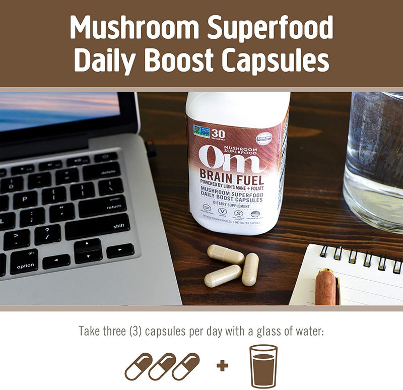 [Australia] - Om Mushroom Superfood Brain Fuel Mushroom Powder Capsules Superfood Supplement, 90 Count, 30 Days, Lion's Mane, Reishi Blend Plus Folate, Mental Clarity, Mushroom Supplement 