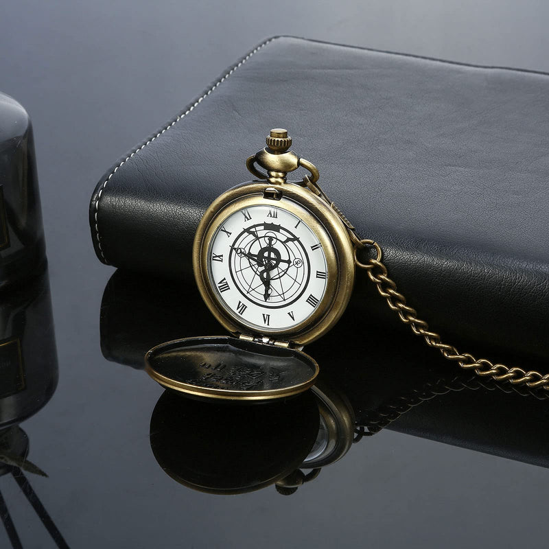 [Australia] - Fullmetal Alchemist Pocket Watch with Chain for Cosplay Vintage Accessories Anime Edward Elric Quartz Watch Alchemist-Bronze 