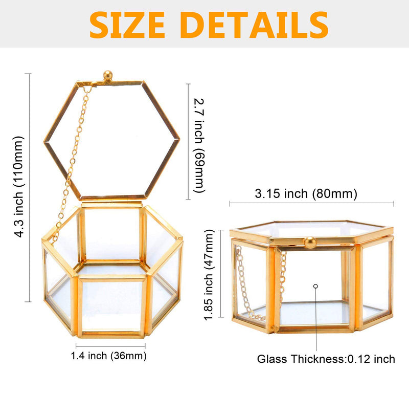 [Australia] - HighFree Copper Glass Vintage Ring Box, Hexagon Golden Geometric Jewelry Organizer, Bracelet Ring Display Small Box for Storage Trinket, Ring, Earring, 3.15x2.7x1.85 inch Small - 3.15x2.7x1.85 inch 