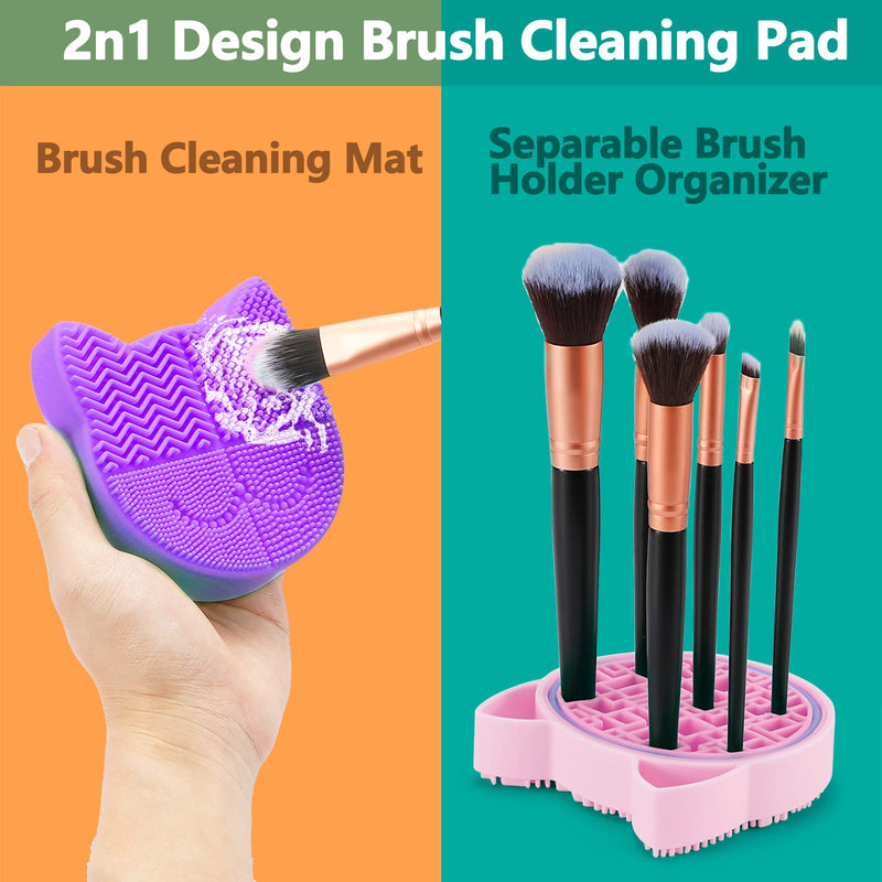[Australia] - TailaiMei 2in1 Design Makeup Brush Cleaning Mat with Brush Drying Holder, 2 Pcs Silicon Brush Cleaner Pad include Cosmetic Brush Organizer Rack, Portable Washing Tool for Makeup(Pink&Purple) 2Pcs, Pink&Purple 