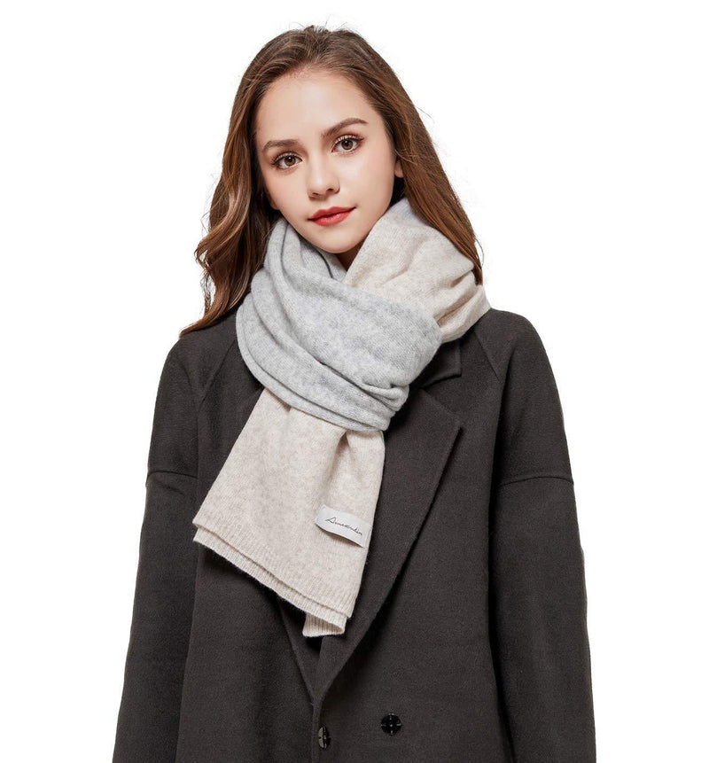 [Australia] - RIONA Women's 100% Australian Merino Wool Cold Weather Scarf Knitted Soft Warm Neckwear Wrap Shawl with Gift Box Beige/Grey 