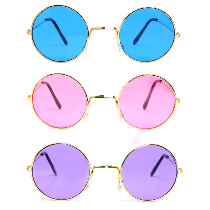 [Australia] - Skeleteen Tinted Round Hippie Glasses – Pink Purple And Blue 60's Style Hipster Circle Sunglasses - 3 Pairs 