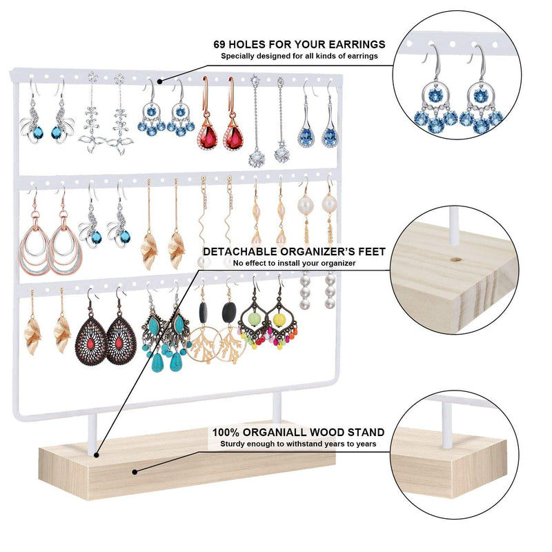 [Australia] - ANNDOFY Earrings Organizer Jewelry Display Stand, 3-Tier Earring Holder Rack for Hanging Earrings, Metal and Wood Basic Large Storage Earring Jewelry Display Tree as Women Girls Gift White 