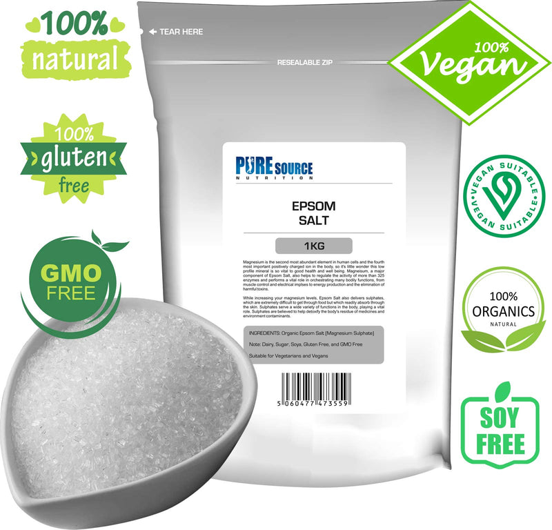 [Australia] - Organic Epsom Salt Vegan Epsom Salts for Bath Bathing Bath Bombs | 100% Pharmaceutical | FCC Food Grade | Natural Magnesium Sulphate by Pure Source Nutrition (1kg) 1kg 