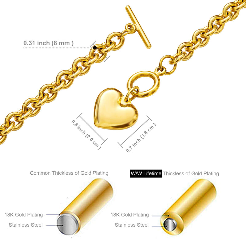 [Australia] - W/W Lifetime Heart Chain Necklace + Heart Bracelet for Women Girls Love Charm Toggle Chain Jewelry Set Stainless Steel 18K Gold/Silver Valentines Gifts 18" necklace+8" bracelet 