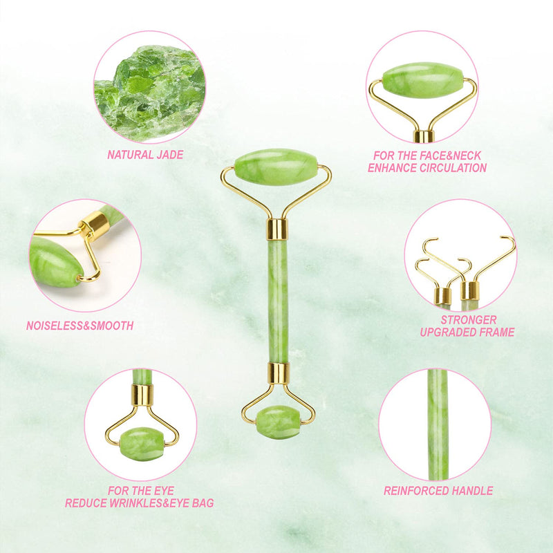 [Australia] - Jade Roller and Gua Sha Set Tool - Face Roller Skin Care - Guasha: 100% Real Natural Jade -Eye Treatment Products, Facial Roller for Skin, Eyes, Neck- Authentic, Durable, Noiseless Design Green 