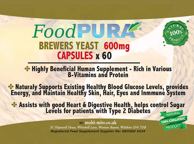 [Australia] - Food PURA 60 X Brewers Yeast Capsules HIGH Strength - Non Debittered - Take Less Tablets Daily Suitable for Vegetarians & Vegans 