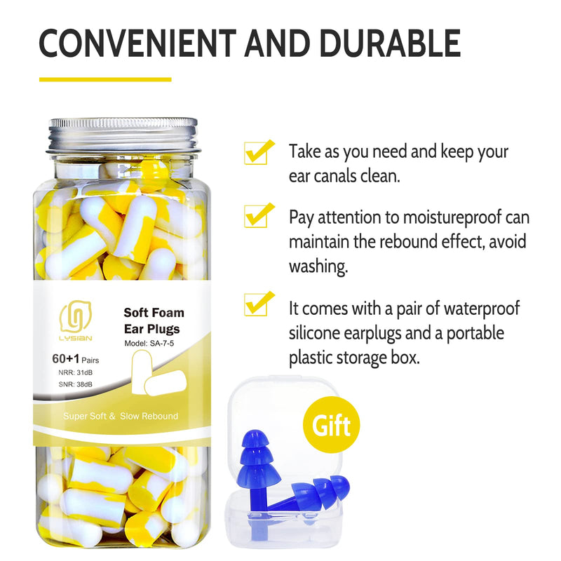 [Australia] - Ultra Soft Foam Earplugs 60 Pairs, 38dB SNR Ear Plugs for Sleeping, Mowing, Shooting, and All Loud Noise by Lysian, Yellow/White 
