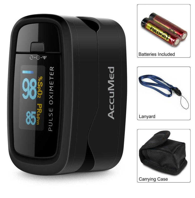 [Australia] - AccuMed CMS-50D1 Fingertip Pulse Oximeter Blood Oxygen Sensor SpO2 for Sports and Aviation. Portable and Lightweight with LED Display, 2 AAA Batteries, Lanyard and Travel Case (Black) 