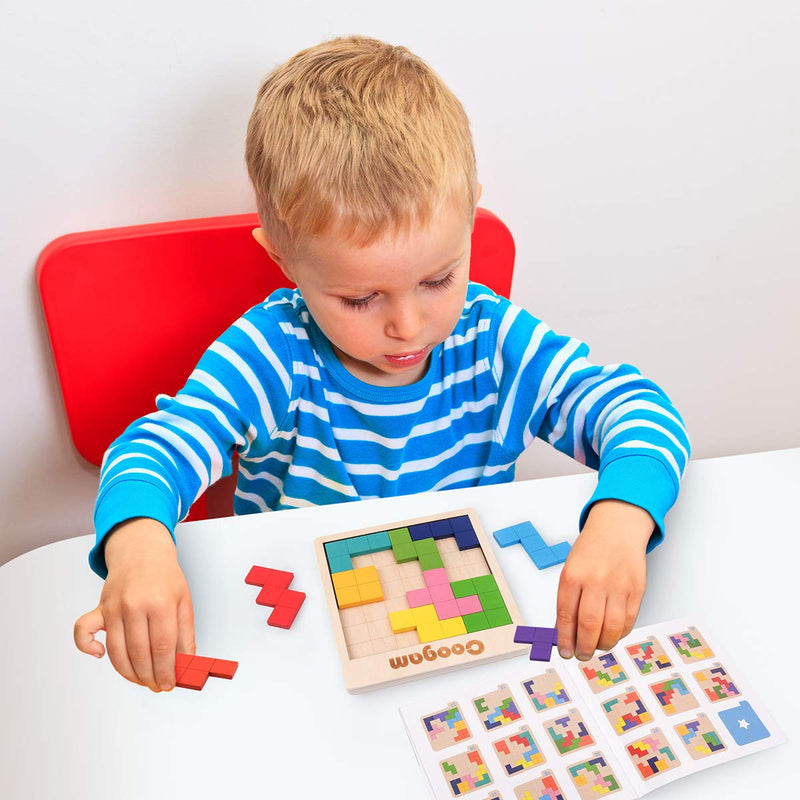 [Australia] - Coogam Wooden Puzzle Pattern Blocks Brain Teasers Game with 60 Challenges, 3D Russian Building Toy Wood Tangram Shape Jigsaw Puzzles Montessori STEM Educational Toys Gift for Kids Adults 