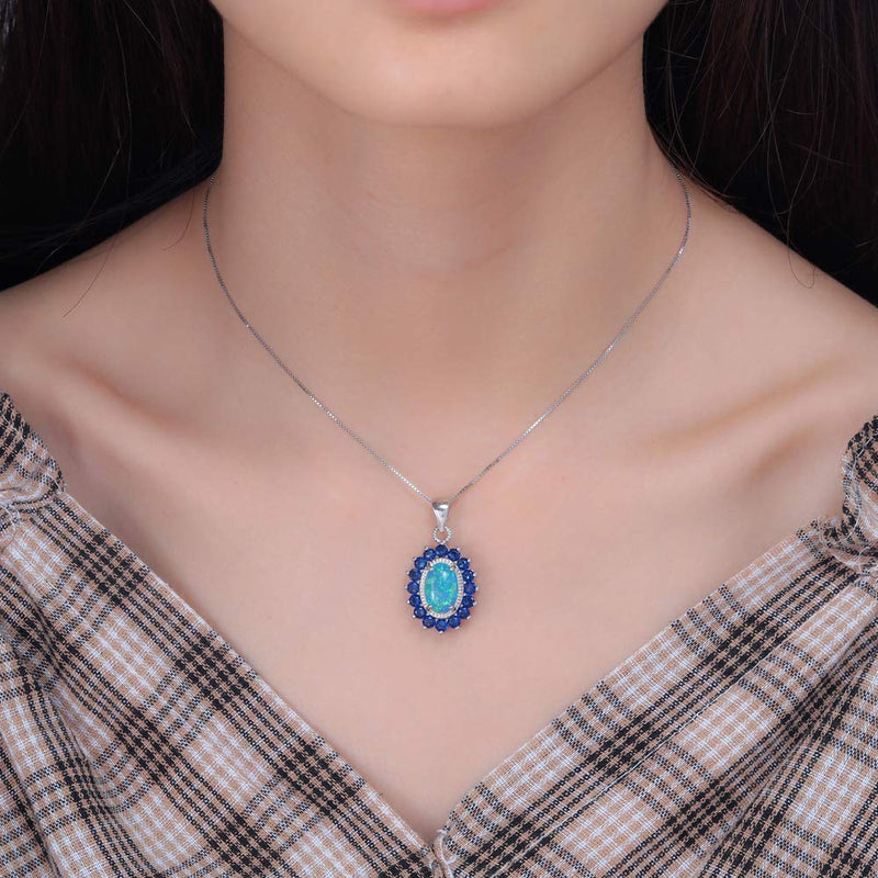 [Australia] - CiNily 14K White Gold Plated Opal Pendant Necklace-Flower/Oval Shap Necklace Gemstone Women Girls Jewelry Gift flower-sapphire 