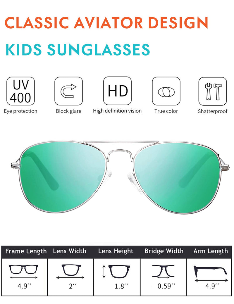 [Australia] - Kids Aviator Polarized Sunglasses for Boys and Girls with Case UVB UV 400 Protection Toddler Eyewear Age 2-12 Silver Frame, Green Lens Age 2-8, 49 Millimeters 