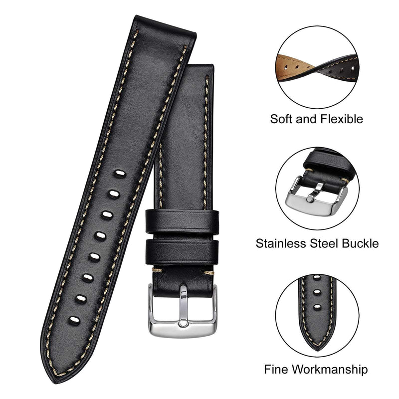 [Australia] - BISONSTRAP Leather Watch Band 18mm 19mm 20mm 21mm 22mm 23mm 24mm, Vintage Calfskin Watch Strap Men Bracelet Black 