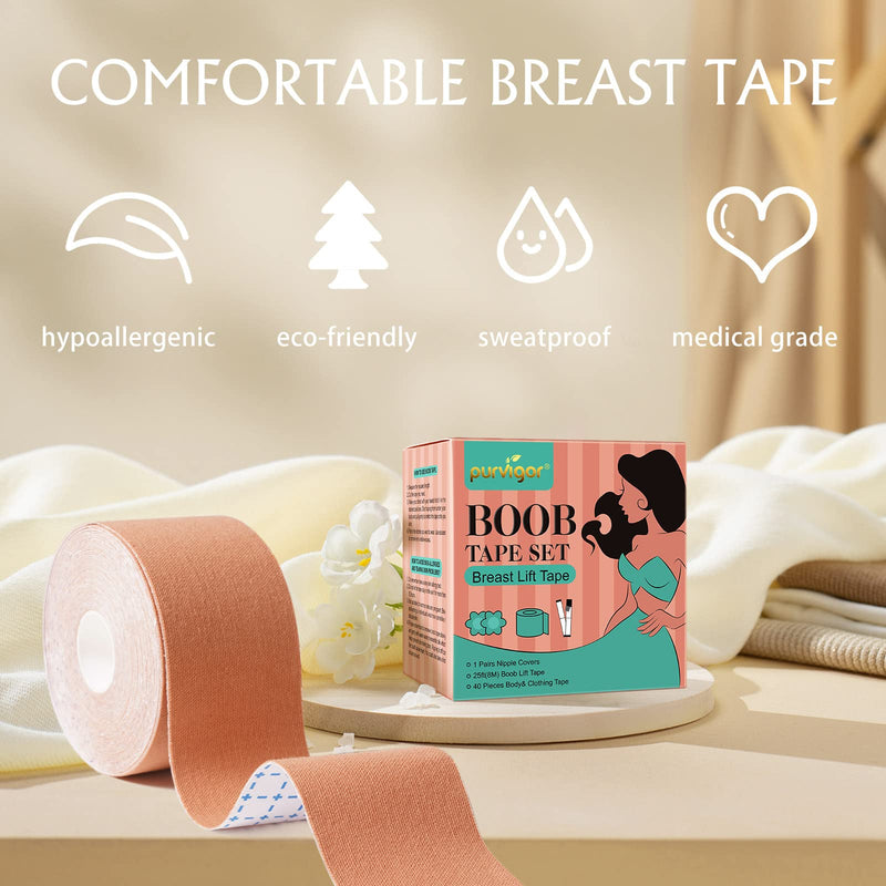 [Australia] - Boob Tape Kit, Breast Lift Tape, Waterproof & Breathable Breast Tape for Large Breasts Lift and Chest Support, with 2 Reusable Silicone Nipple Covers & 40 Pieces Clothing Tapes Beige 