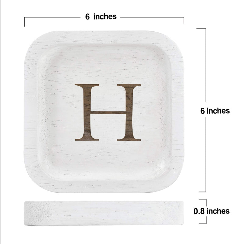 [Australia] - Solid Wood Personalized Initial Letter Jewelry Display Tray Decorative Trinket Dish Gifts For Rings Earrings Necklaces Bracelet Watch Holder (6"x6" Sq White "H") 6"x6" Sq White "H" 