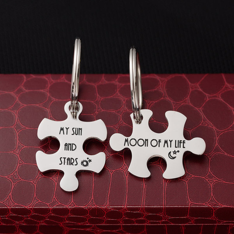 [Australia] - omodofo Valentine's Day His and Hers Puzzle Piece Pendant Necklace KeyChain Set Personalized Couples Stamped Chain Keyring My sun and stars & Moon of my life (Keychain) 