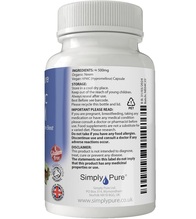 [Australia] - Simply Pure Organic Neem Capsules x 90, 500mg, 100% Natural Soil Association Certified, Gluten Free, GM Free and Vegan. 