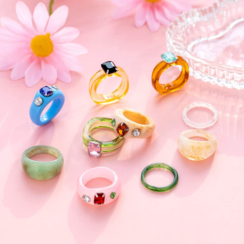 [Australia] - BMMYE 12Pcs Resin Rings for Women Girls Colorful Wide Thick Dome Acrylic Rings Retro Chunky Plastic Transparent Finger Ring for Adult Women's Beach Jewelry Style 1 