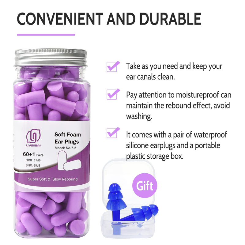 [Australia] - Ultra Soft Foam Earplugs 60 Pairs, 38dB SNR Ear Plugs for Sleeping, Study, Shooting, and All Loud Noise by Lysian, Purple 