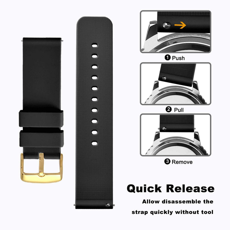 [Australia] - WOCCI Silicone Watch Bands - Quick Release Soft Rubber Replacement Straps with Gold Buckle (14mm 18mm 20mm 22mm 24mm) 14mm - 9/16" Black/Gold Buckle 