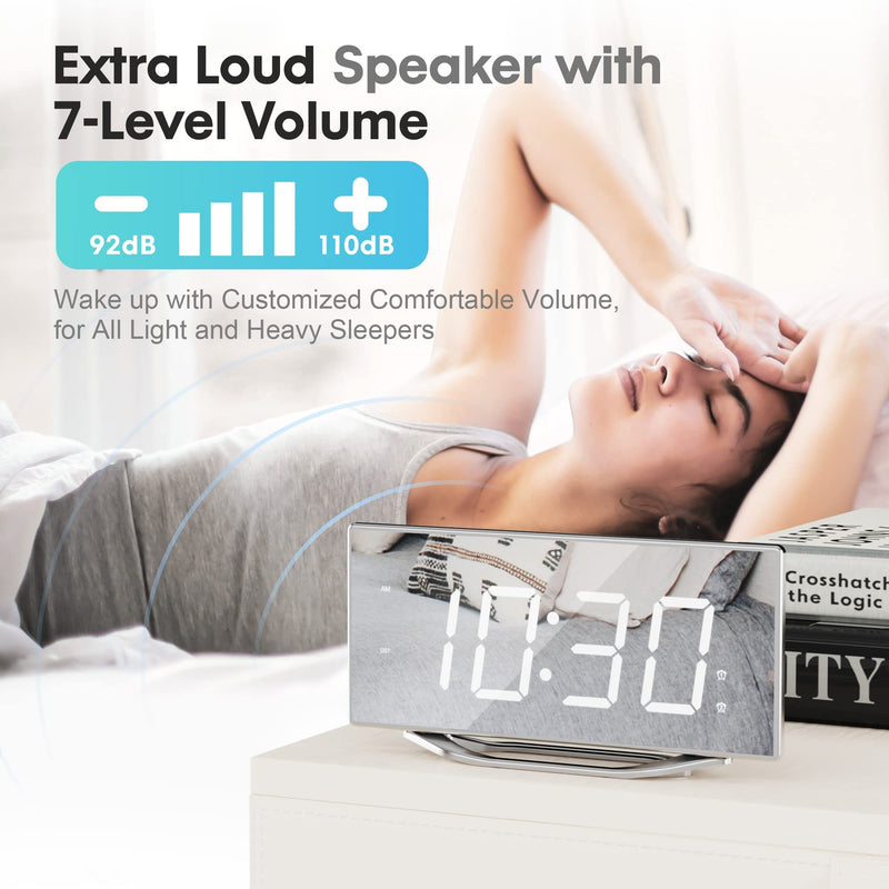 [Australia] - Digital Clock for Living Room, Loud Alarm Clock for Heavy Sleepers Adult, 8.7" Large Display LED Mirror Clock with 7-Level Dimmer,Snooze Mode,Dual USB Ports, Modern Desk Clock for Bedroom Home Office Silver-white Digits 