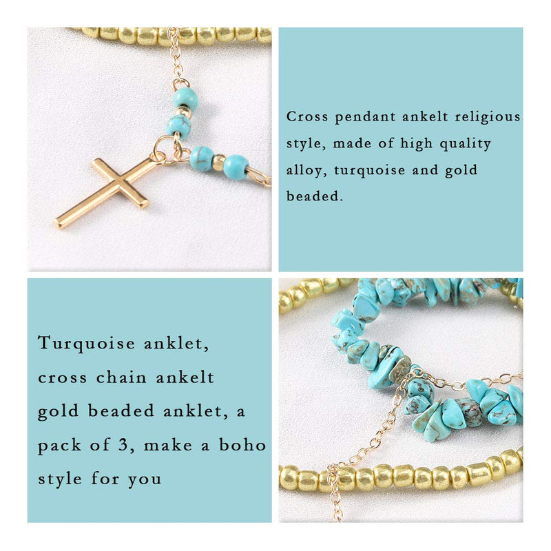 [Australia] - Aukmla Boho Layered Turquoise Anklets Chain Gold Beach Cross Pendent Foot Bracelets Jewelry for Women and Girls (Pack of 3) 