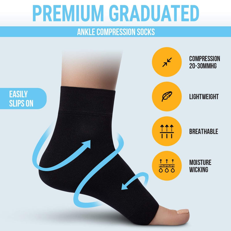 [Australia] - Ankle Compression Sleeve - 20-30mmhg Open Toe Сompression Socks for Swelling, Plantar Fasciitis, Sprain, Neuropathy - Nano Brace for Women and Men Black Medium 