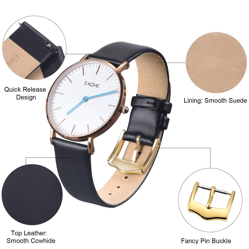 [Australia] - EACHE Quick Release Men & Women Leather Watch Bands Thin Leather Watch Straps for Ladies 12mm 14mm 16mm 18mm 20mm More Color For Choice Black-Gold Buckle 