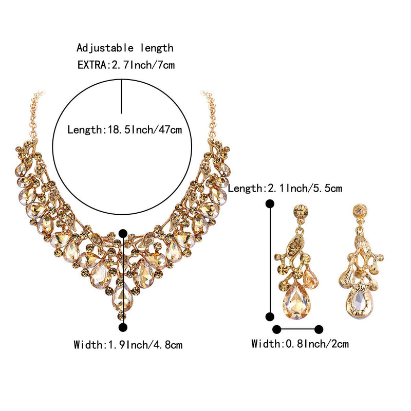 [Australia] - BriLove Wedding Bridal Jewelry Set for Women Austrian Crystal Teardrop Cluster Statement Necklace Dangle Earrings Set 05-Champagne Gold-Tone 
