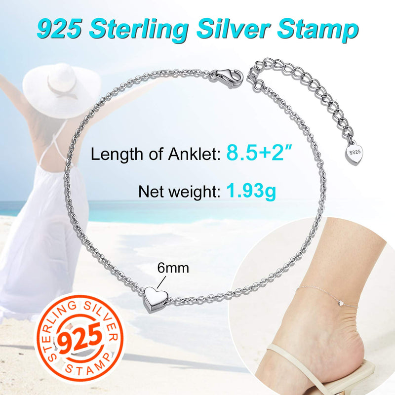 [Australia] - ChainsPro Womens S925 Sterling Silver Adjustable Anklet, Heart/Moon/Handcuff Ankle Bracelet,Summer Foot Jewelry, Stainless Steel/Gold Plated(Send Gift Box) 0-heart-silver 