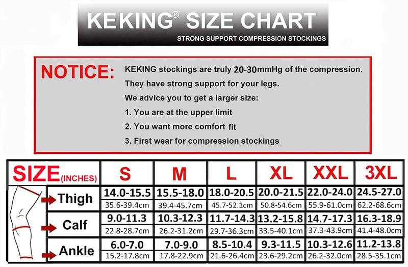 [Australia] - Thigh High Compression Stockings Closed Toe for Men & Women, Opaque, KEKING 20-30mmHg Graduated Compression Leg Support Hose with Silicone Band - Swelling, Varicose Veins, Edema, DVT, Black X-Large X-Large (1 Pair) 20-30mmhg Black Closed Toe 