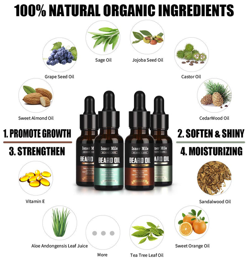 [Australia] - Beard Oil 4 Scents Pack Set, 100% Natural, Cedarwood, Sandalwood, Sage, Sweet Orange for Men Beard Care Growth, Moisturize, Soften, Strengthen, Ideal Perfect Gifts for Men Him Dad Father Boyfriend 