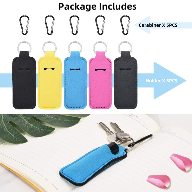 [Australia] - Chapstick Holder Keychain,5 Pack Neoprene Chapstick Keychain Holder with Clip Lip balm Lipstick Lip gloss Holder Keychain for Women,Men,Kids,Boys(Black,Pink,Yellow,Grey,Blue) 