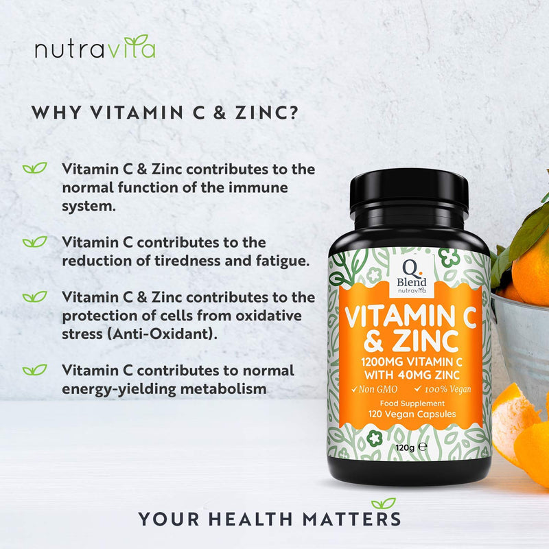 [Australia] - Vitamin C 1200mg and Zinc 40mg – High Strength Vegan Ascorbic Acid – for Normal Immune System – 2 Capsules per Daily Serving – 120 Capsules – 2 Month Supply – Made in The UK by Nutravita 