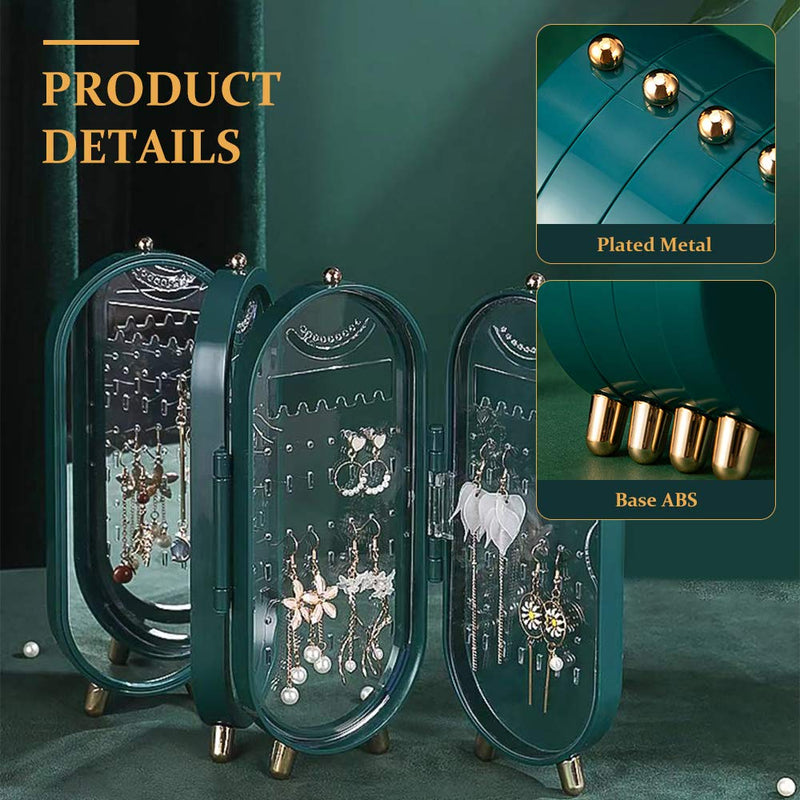 [Australia] - Jewelry Travel Case Small for Women, Hanging Necklace, Earrings, Rings Jewelry Storage Box 4 Doors Foldable Screen Necklace Display Rack, Jewelry Organizer for Earrings with Mirror (Green) Green 