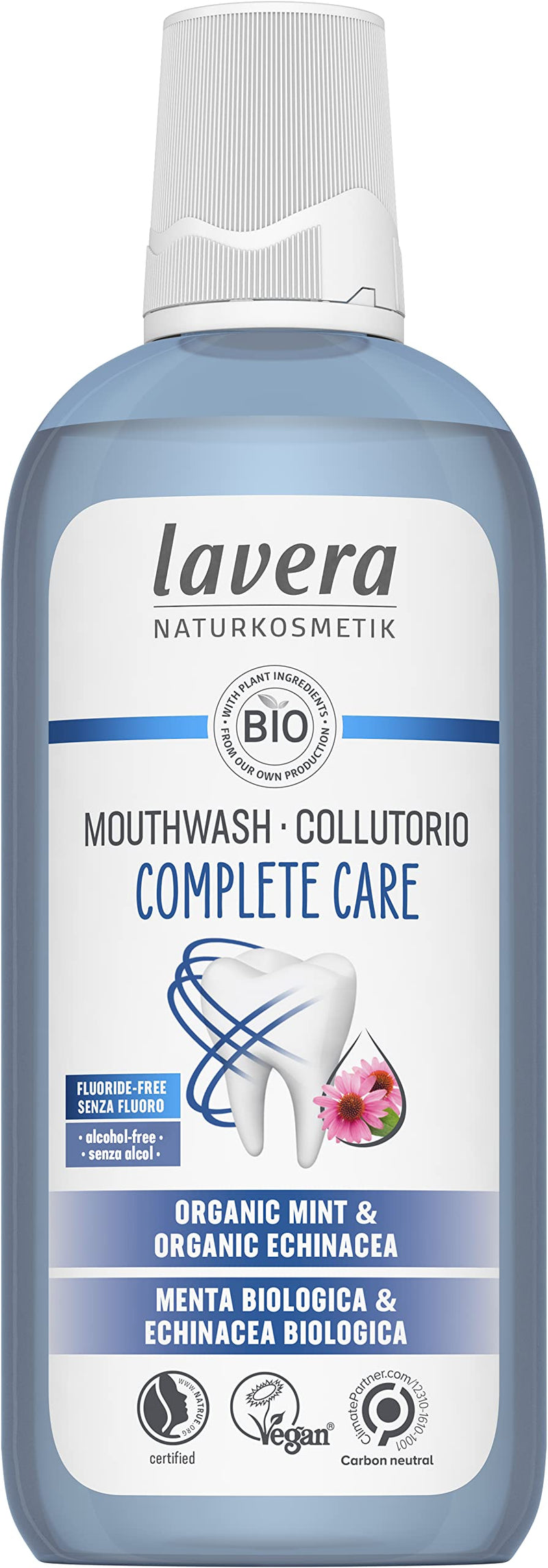 [Australia] - lavera Complete Care Mouthwash - with organic Mint & organic Echinacea - protects against tooth decay, tartar & gum desease - removes plaque - flouride- & alcohol-free - vegan - organic (1 x 400 ml) 