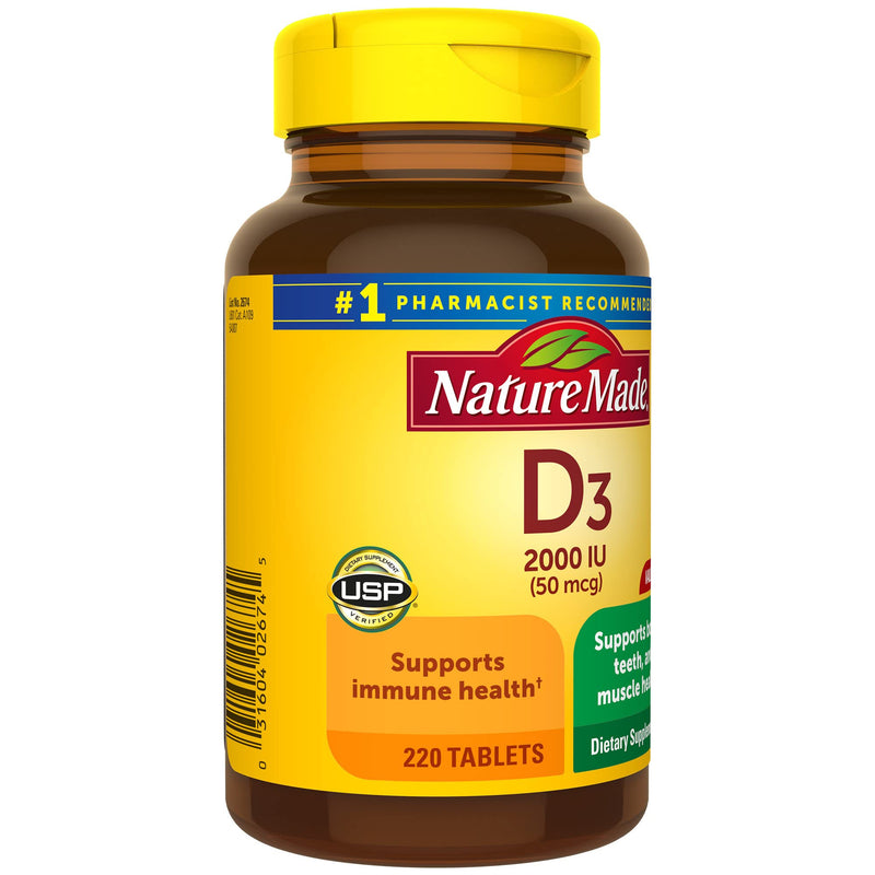 [Australia] - Nature Made Vitamin D3, 220 Tablets, Vitamin D 2000 IU (50 mcg) Helps Support Immune Health, Strong Bones and Teeth, & Muscle Function, 250% of Daily Value for Vitamin D in One Daily Tablet 220 Count (Pack of 1) 