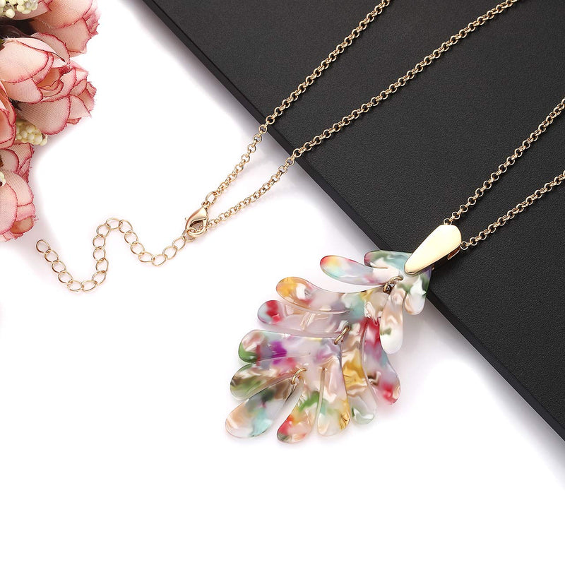 [Australia] - YINL Acrylic Pendant Necklace Earrings – Long Statement Leaf Charm Necklace Tortoise Resin Palm Leaf Earrings Fashion Necklaces Earrings for Women Girls Floral 