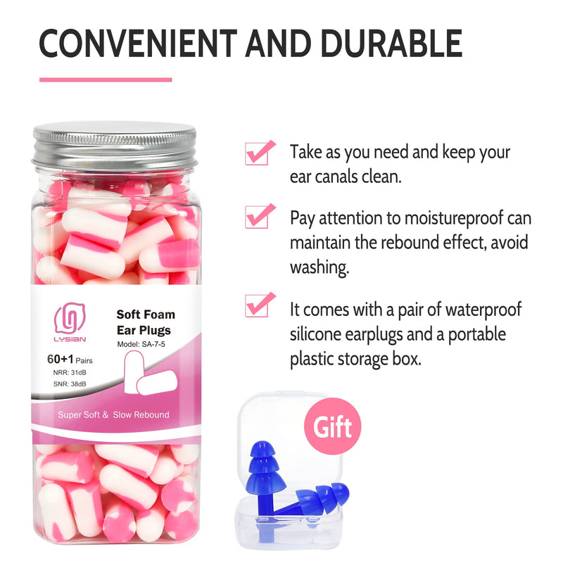 [Australia] - Ultra Soft Foam Earplugs 60 Pairs, 38dB SNR Ear Plugs for Sleeping, Mowing, Shooting, and All Loud Noise by Lysian, Pink/White 