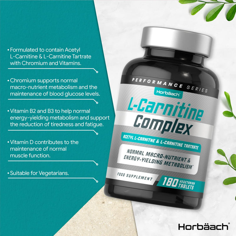 [Australia] - Acetyl L-Carnitine Complex | 180 Vegetarian Tablets | with Vitamin D3, B3, B6, Riboflavin, Biotin & Chromium | Normal Macronutrient & Energy-Yielding Metabolism | by Horbaach 