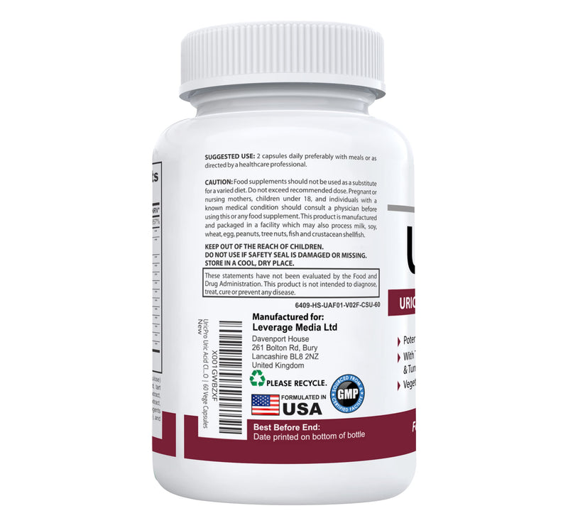 [Australia] - UricPro Uric Acid Cleanse Supplement | Tart Cherry, Turmeric, Celery, Milk Thistle, Bromelain, Cranberry & More | Non-GMO | 60 Vege Capsules 