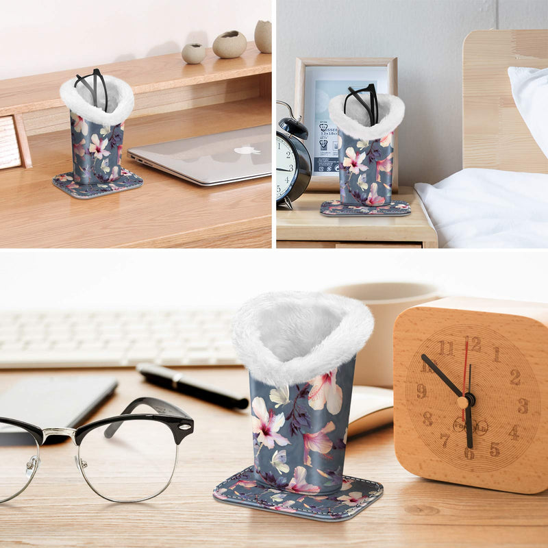 [Australia] - Fintie Plush Lined Eyeglasses Holder with Magnetic Base- PU Leather Glasses Stand Case (Official Micklyn Le Feuvre Product) Blooming Hibiscus 