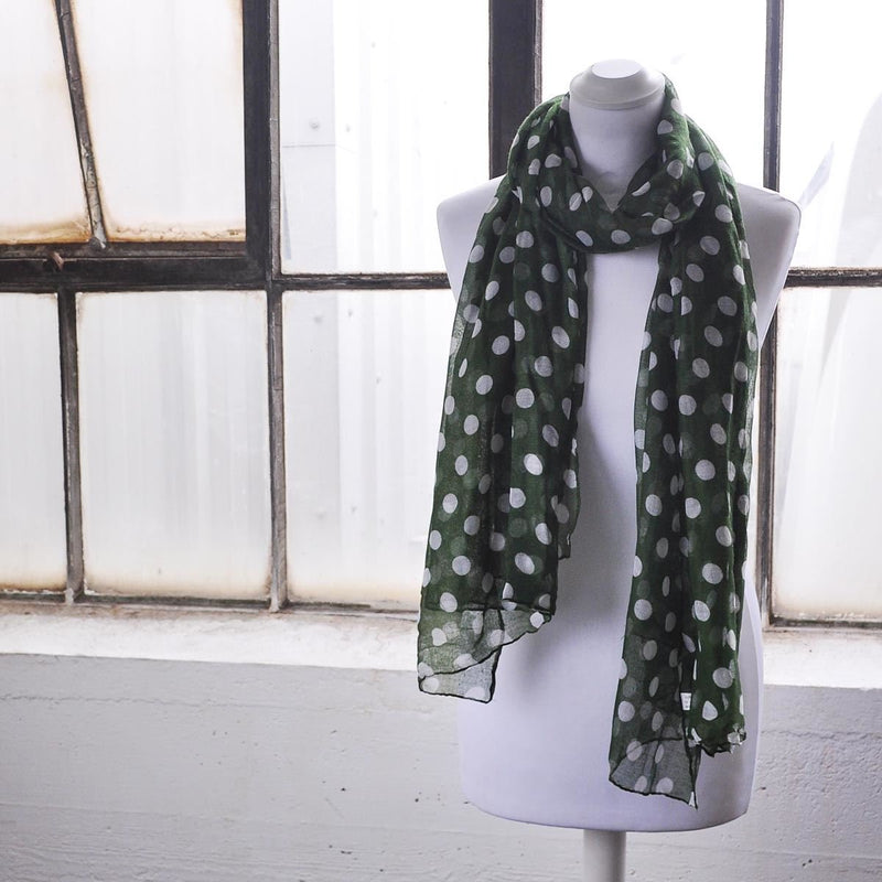 [Australia] - BasicSense Classic Retro 60s 70s 10mm Polka Dot Oversized Maxi Viscose Lightweight Scarf Shawl Green /White Dot 