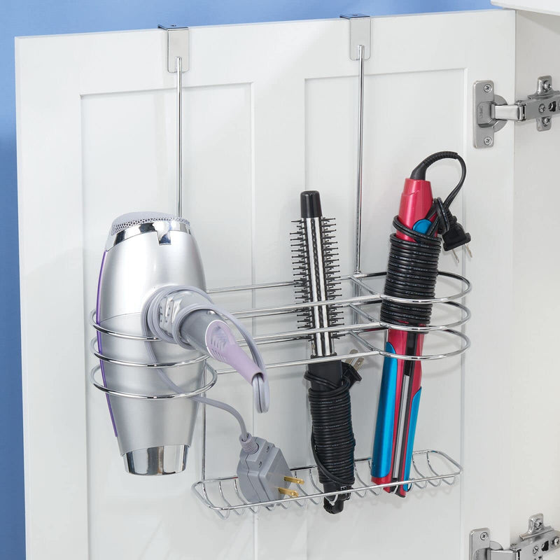 [Australia] - mDesign Hair Dryer Holder - Over Door Rack for Heated Tool and Hair Dryer Storage - Hanging Basket and Stand - Silver Chrome 