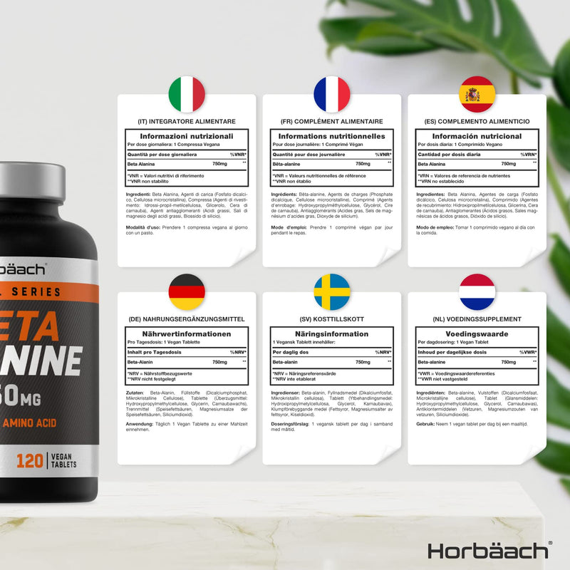 [Australia] - Beta Alanine 750mg | 120 Vegan Tablets | Premium Amino Acid Supplement for Men & Women | Non-GMO, Gluten Free | No Artificial Preservatives | by Horbaach 