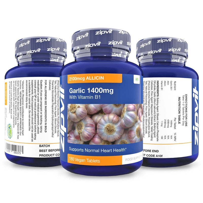 [Australia] - Garlic Tablets 1400mg, 2100mcg Allicin per Tablet with Added Vitamin B1. Supports Heart Health. 180 Vegan Tablets. 6 Months Supply. 